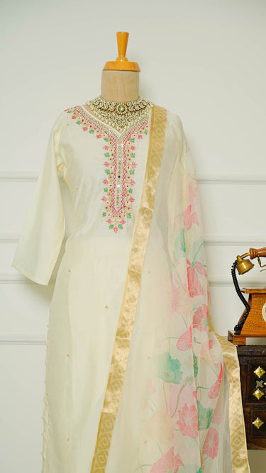 White Cotton Kurta with Pastel Embroidery