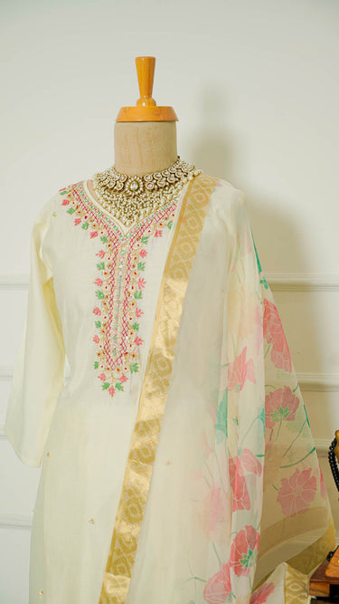 White Cotton Kurta with Pastel Embroidery