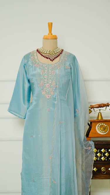 Icy Blue Kurti Suit with Hand Embroidered Neckline