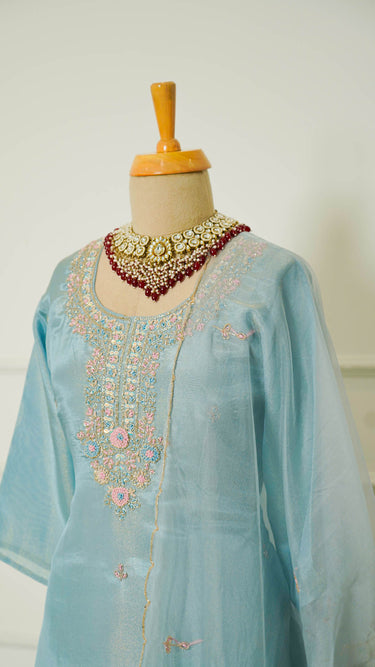 Icy Blue Kurti Suit with Hand Embroidered Neckline