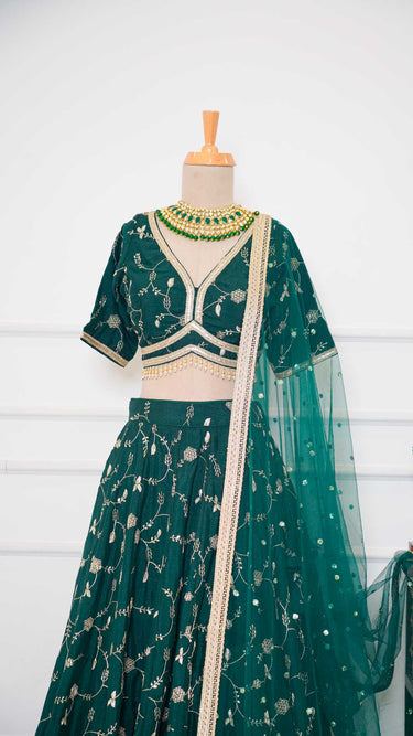 Bottle Green Hand Embroidered Vichitra Silk Lehenga