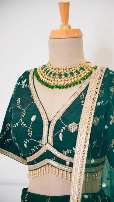 Bottle Green Hand Embroidered Vichitra Silk Lehenga
