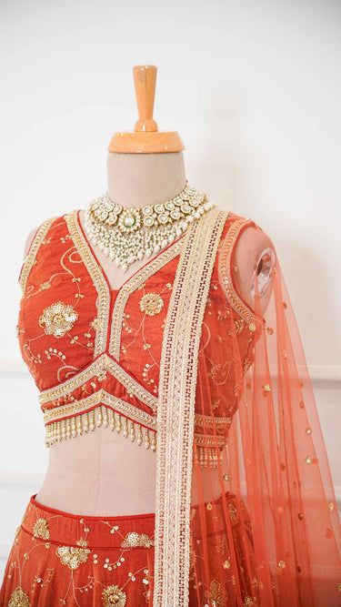 Rust Hand Embroidered Cosmos Lehenga