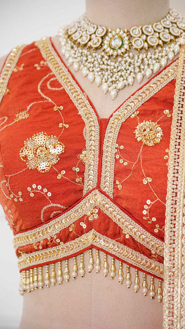 Rust Hand Embroidered Cosmos Lehenga
