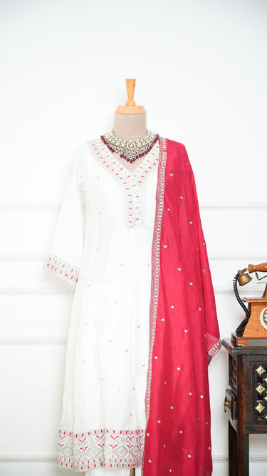 Cream Silk Anarkali Suit with Contrast Red Threadwork