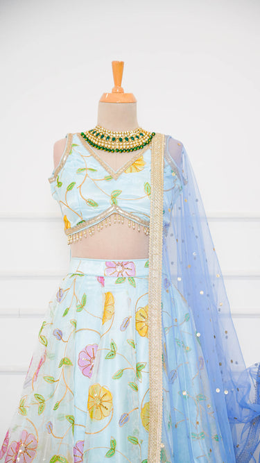 Sky Blue Organza Floral Print Lehenga