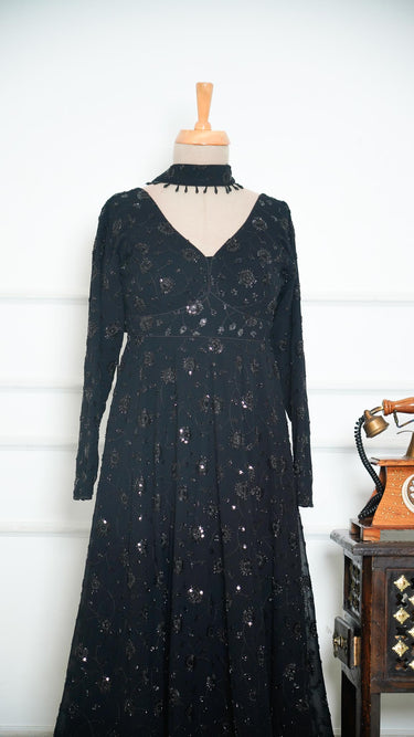 Black Handembroidered Anarkali in Georgette