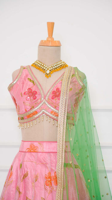 Baby Pink Swarovski Organza Floral Print Lehenga
