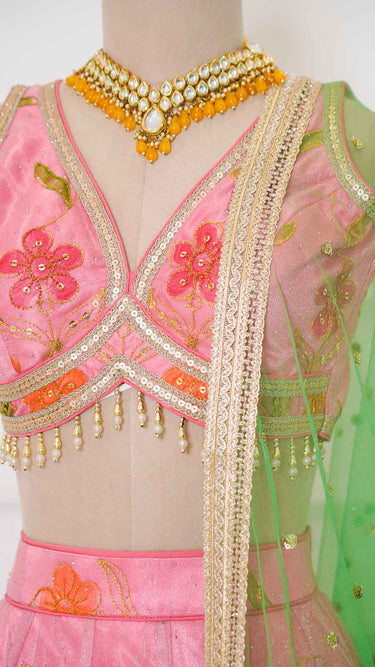 Baby Pink Swarovski Organza Floral Print Lehenga