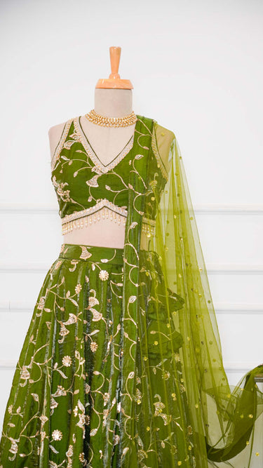 Mehendi Green Hand Embroidered Fendi Lehenga