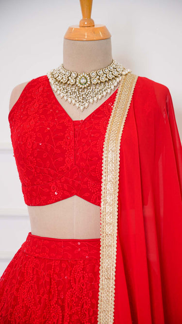 Red Sleeveless Chikankari Lehenga Set