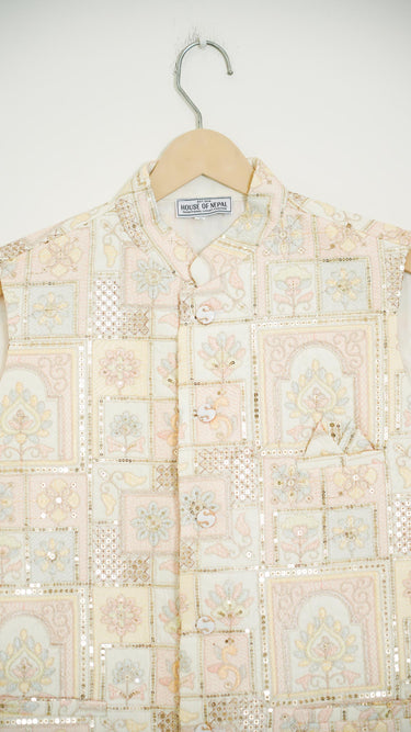 Pastel Nude Arch Embroidered Mens Nehru Jacket