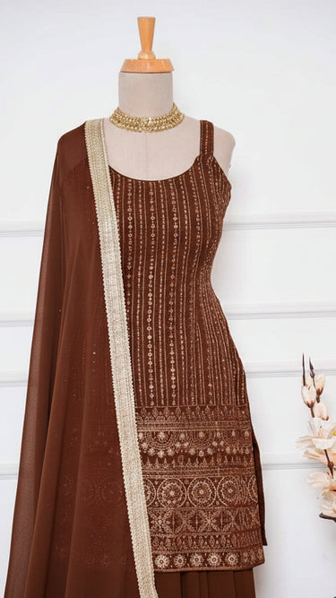 Brown Sequin Embroidered Sleeveless Sarara Suit