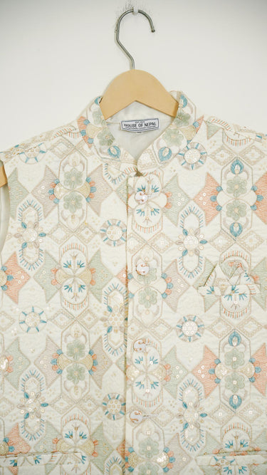 White Geometric Pastel Embroidery Mens Waistcoat