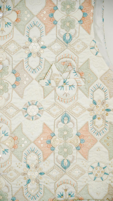 White Geometric Pastel Embroidery Mens Waistcoat