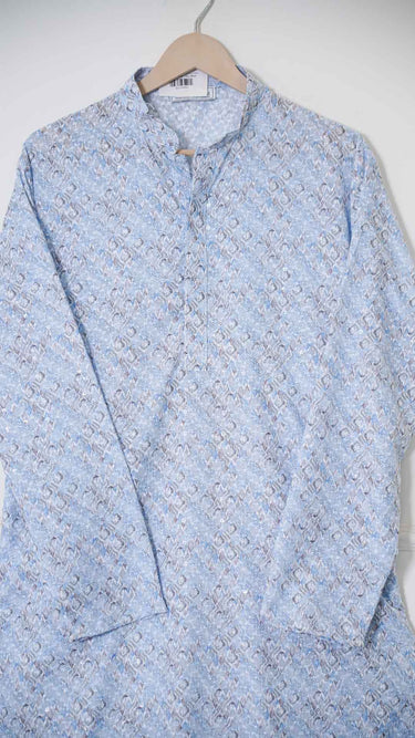 Sky Blue Digital Printed Mens Kurta in Cotton