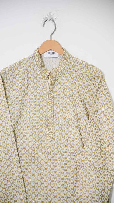 White and Yellow Digital Printed Mens Kurta in Cotton