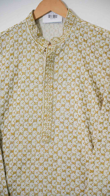White and Yellow Digital Printed Mens Kurta in Cotton