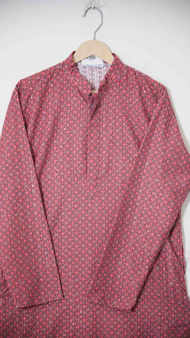 Peach Pink Digital Printed Mens Kurta in Cotton