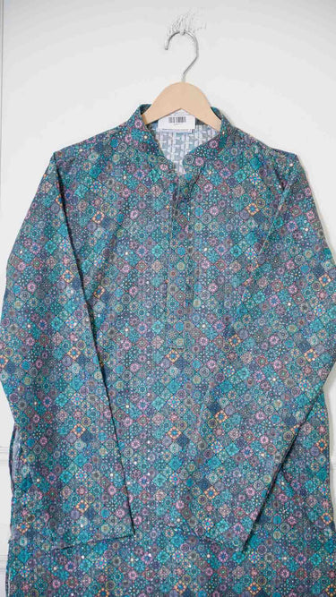 Turquoise Green Digital Printed Mens Kurta in Cotton