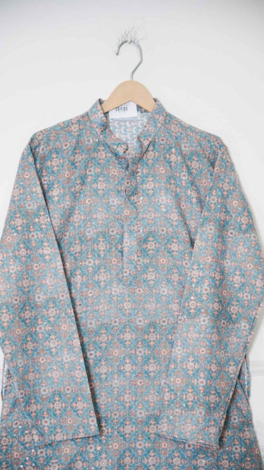 Icy Blue Digital Printed Mens Kurta in Cotton