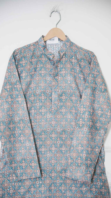 Icy Blue Digital Printed Mens Kurta in Cotton