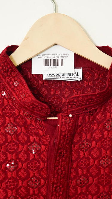 Mens Geometric Rayon Kurta In Maroon