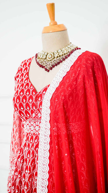 Red Motif Full Sleeve Anarkali with Chudidar and Shawl