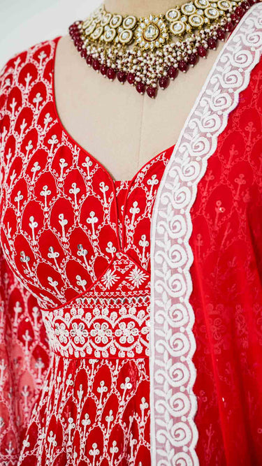Red Motif Full Sleeve Anarkali with Chudidar and Shawl