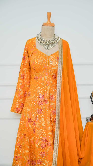 Mustard Yellow Floral Sequin Anarkali Suit