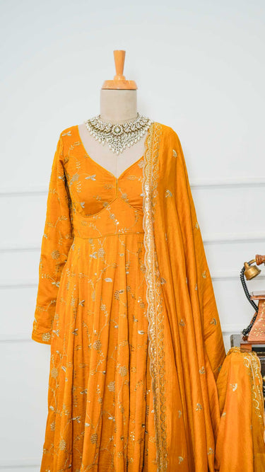 Vichitra Silk Handwork Anarkali in Mustard