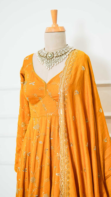 Vichitra Silk Handwork Anarkali in Mustard