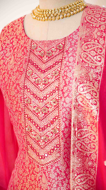 Banarasi Silk Women's Kurta Set in Rani Pink