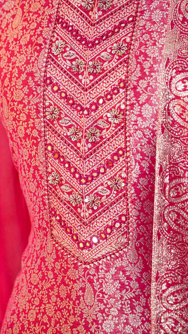 Banarasi Silk Women's Kurta Set in Rani Pink