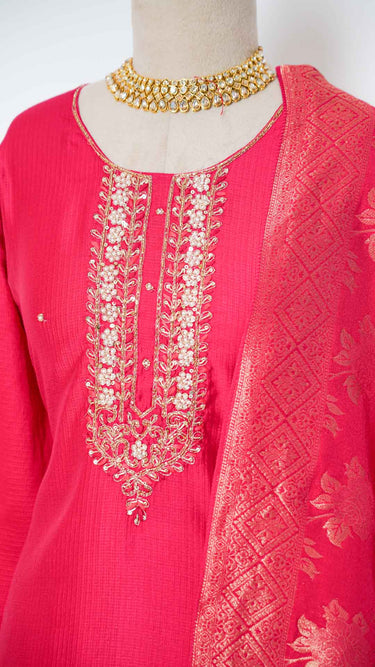 Rani Pink Handwork Neckline Kurti Suit