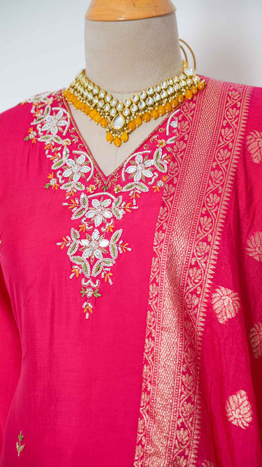Rani Pink V Neck Handwork Kurti Suit