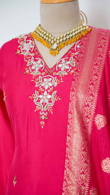 Rani Pink V Neck Handwork Kurti Suit