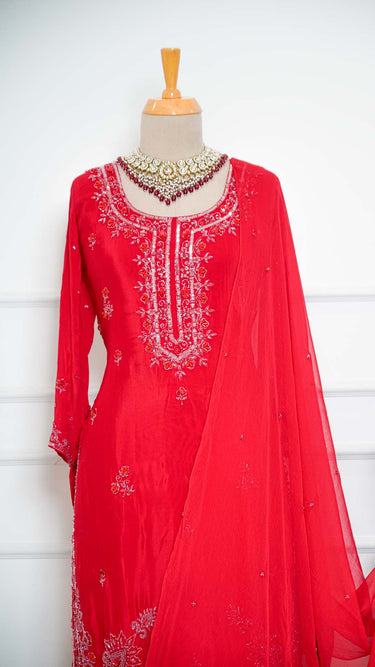Women's Georgette Kurta Set in Red with Handwork