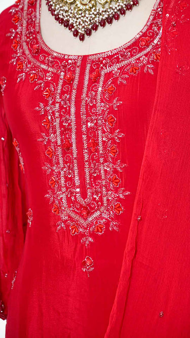 Women's Georgette Kurta Set in Red with Handwork