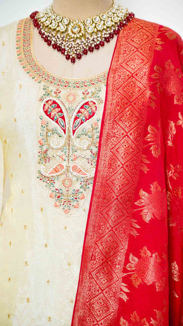 Cream Paisley Contrast Kurti Suit