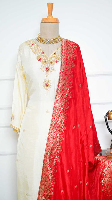 White Paisley Handwork Kurta with Red Contrast Shawl
