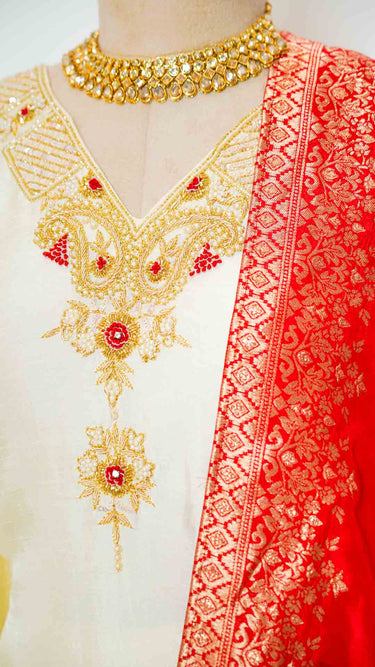 White Paisley Handwork Kurta with Red Contrast Shawl