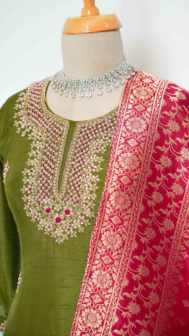 Mehendi Green with Contrast Pink Shawl Kurti Suit