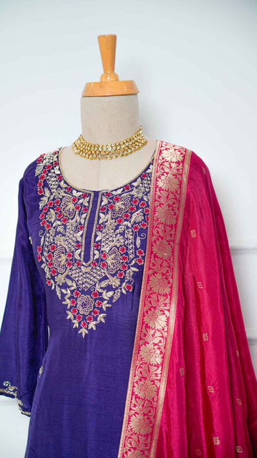 Dark Purple Contrast Handwork Kurti Suit