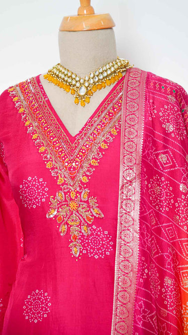 Hot Pink Chunari Print Handwork Kurti Suit