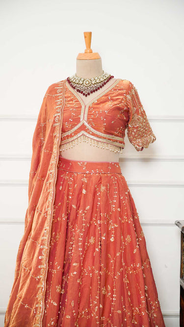 Peach Fendi Paisley Handembroidered Lehenga