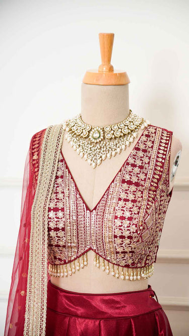 Maroon Zariwork Patti Border Lehenga in Silk