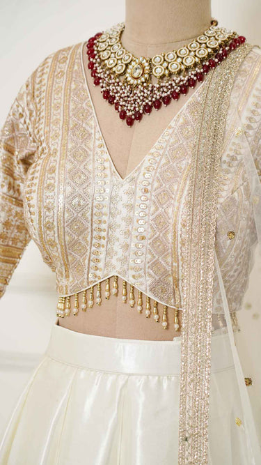 Cream Zariwork Patti Border Lehenga in Silk