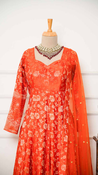 Orange Floral Banarasi Anarkali Suit