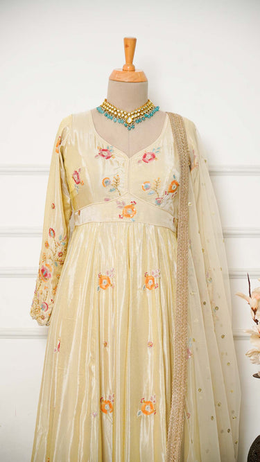 Cosmos Handwork Beige Anarkali Suit with Floral Embroidery
